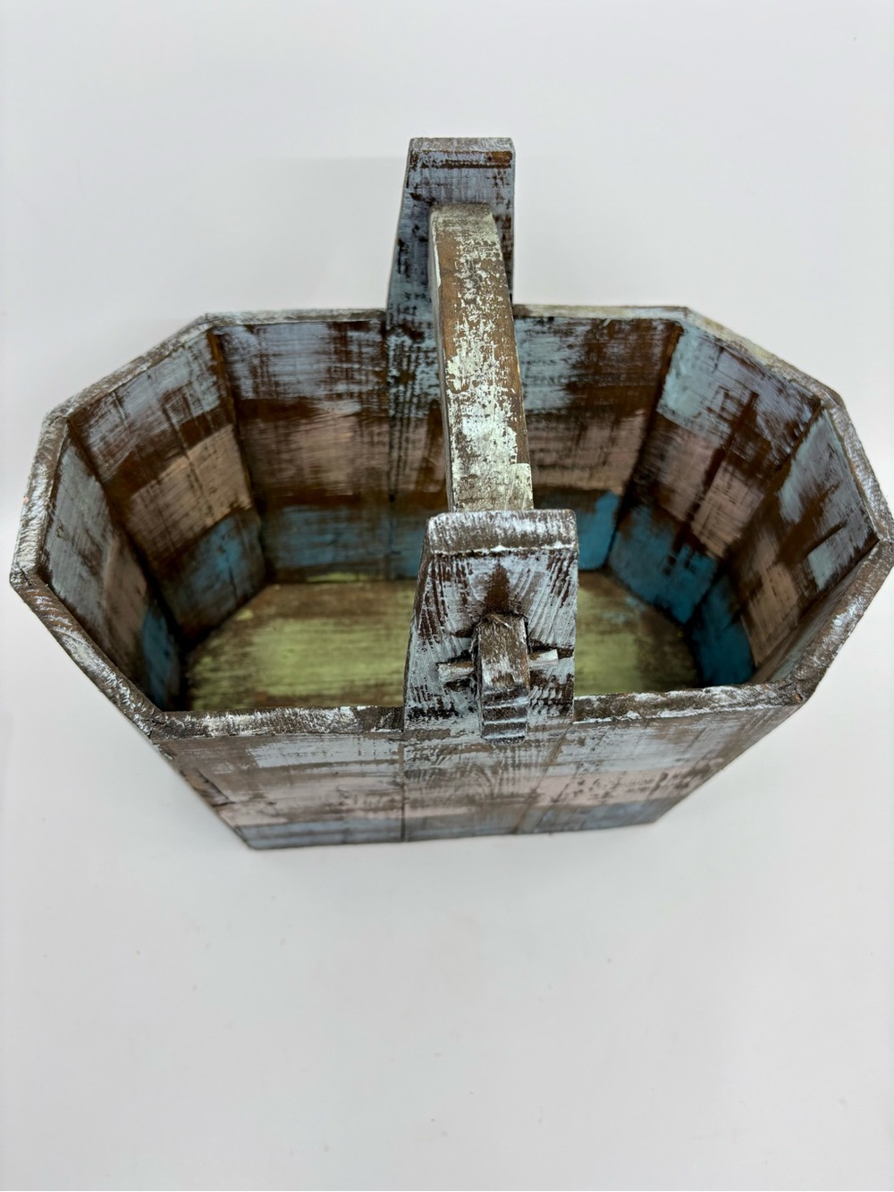LOW START Rustic Distressed Wood Basket with Handle Blue, Pink Brown, 10”x13”x7” - Picture 2 of 6